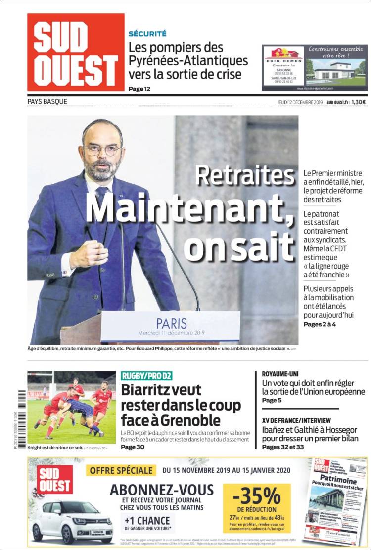 Portada de Sud Ouest (Francia)