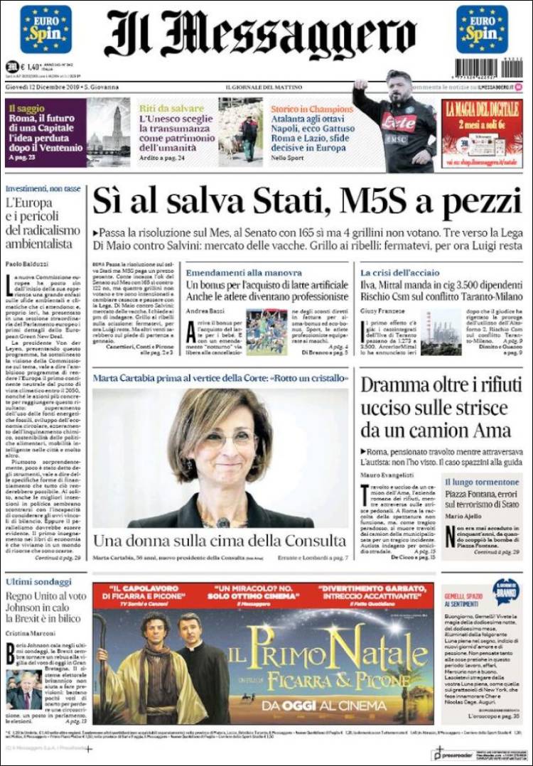 Portada de Il Messaggero (Italia)