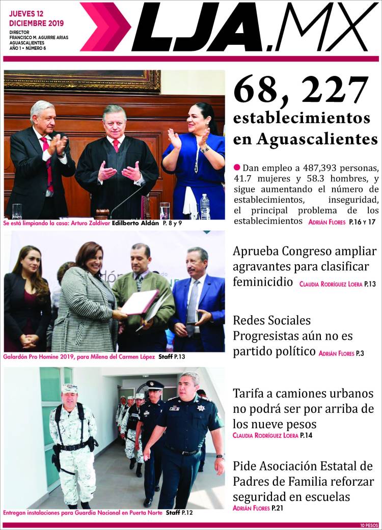 Portada de La Jornada de Aguascalientes (M&eacute;xico)