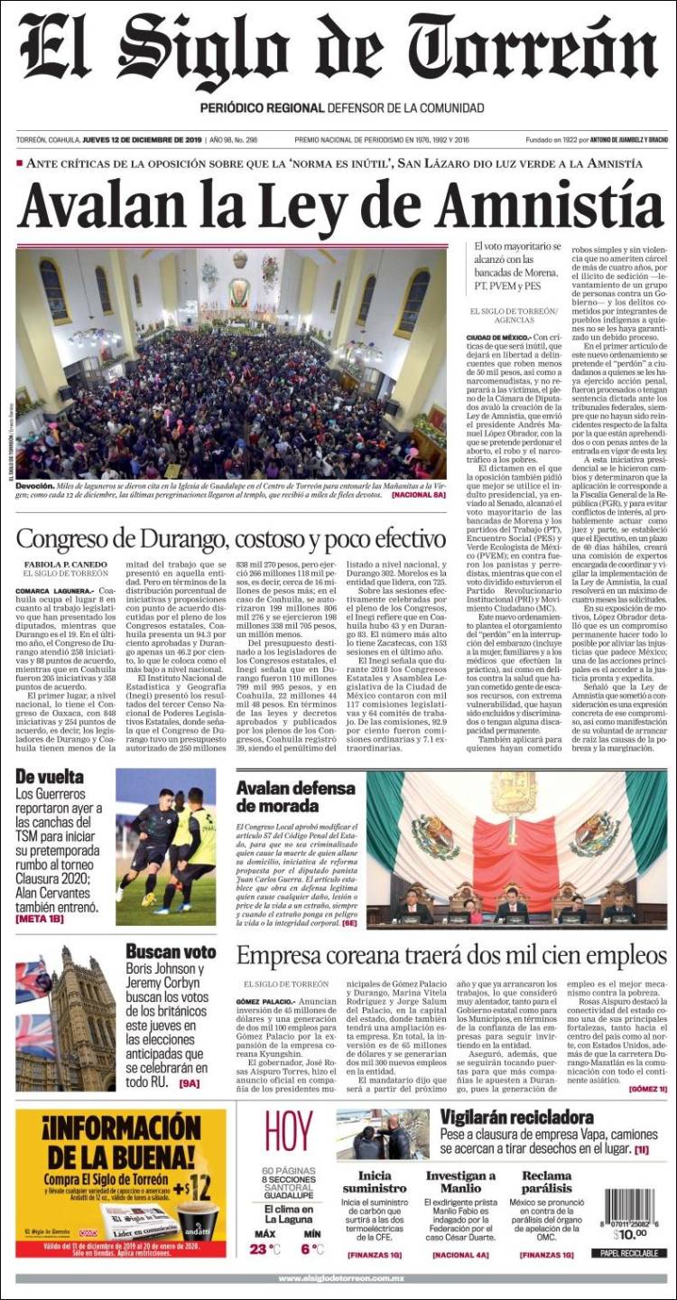 Portada de El Siglo de Torreon (M&eacute;xico)