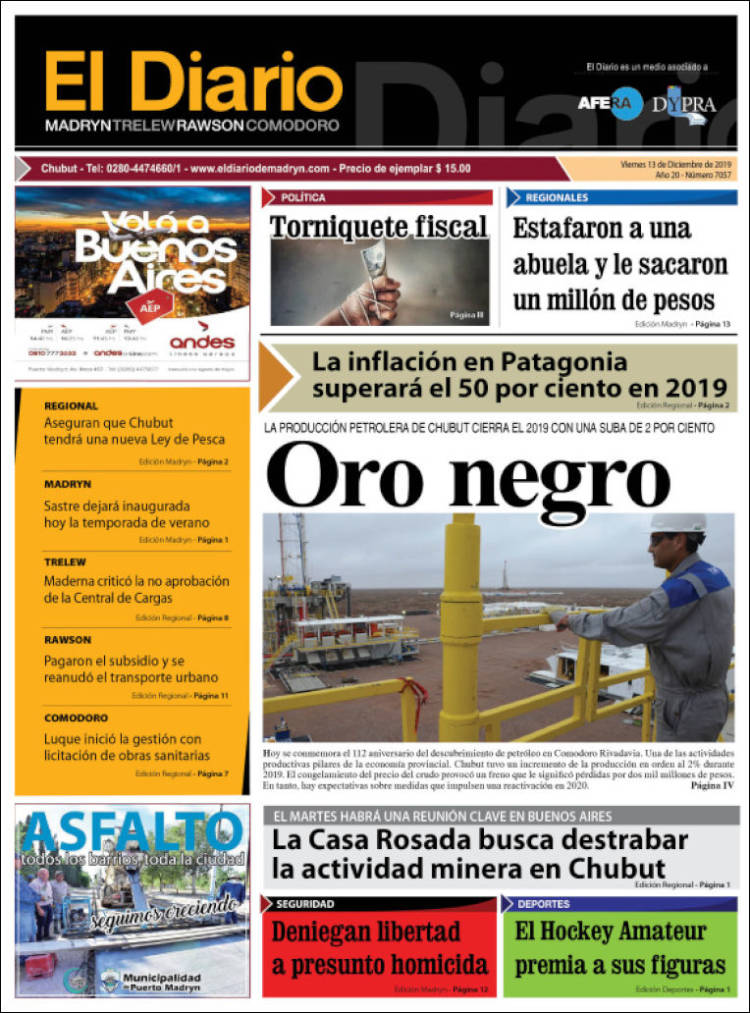 Portada de El Diario de Madryn (Argentina)