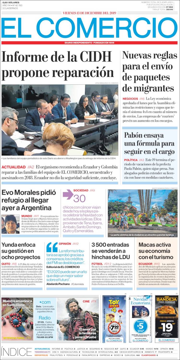 Portada de El Comercio (Ecuador)