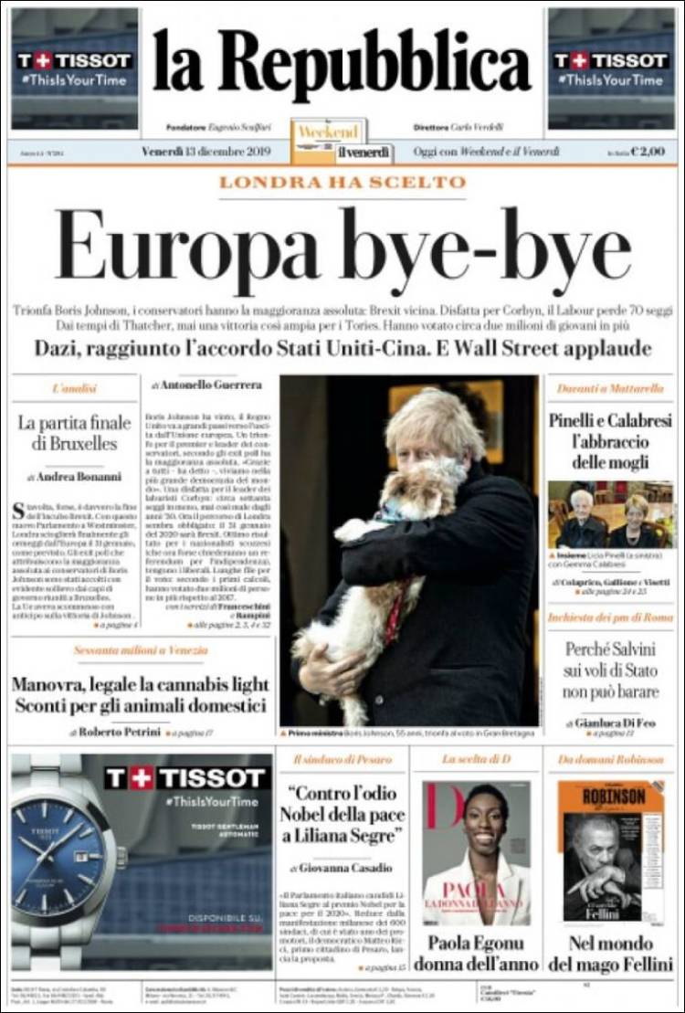Portada de La Repubblica (Italia)