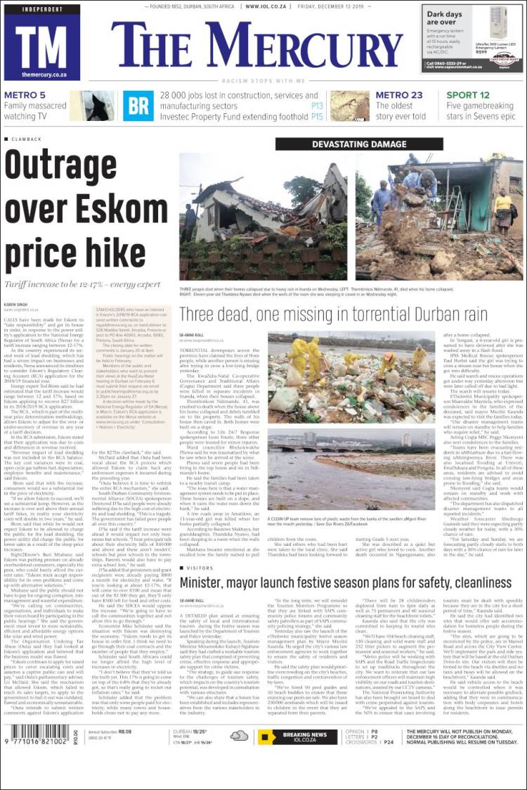 Portada de The Mercury (Sud&aacute;frica)