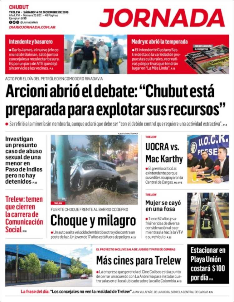 Portada de Diario Jornada en la Patagonia (Argentina)