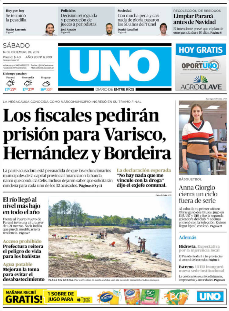 Portada de Diario Uno de Entre Ríos (Argentina)