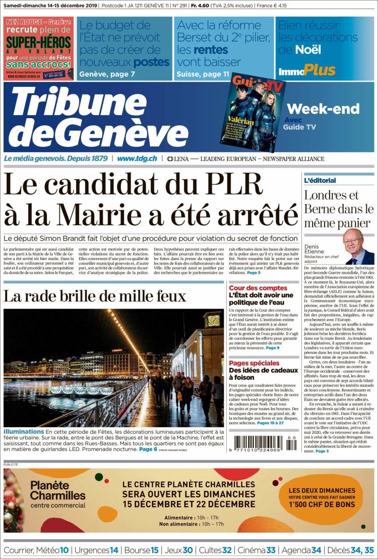 Portada de La Tribune de Genève (Suiza)