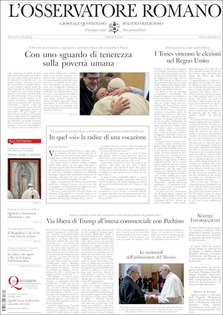 Portada de L'Osservatore Romano (Italia)