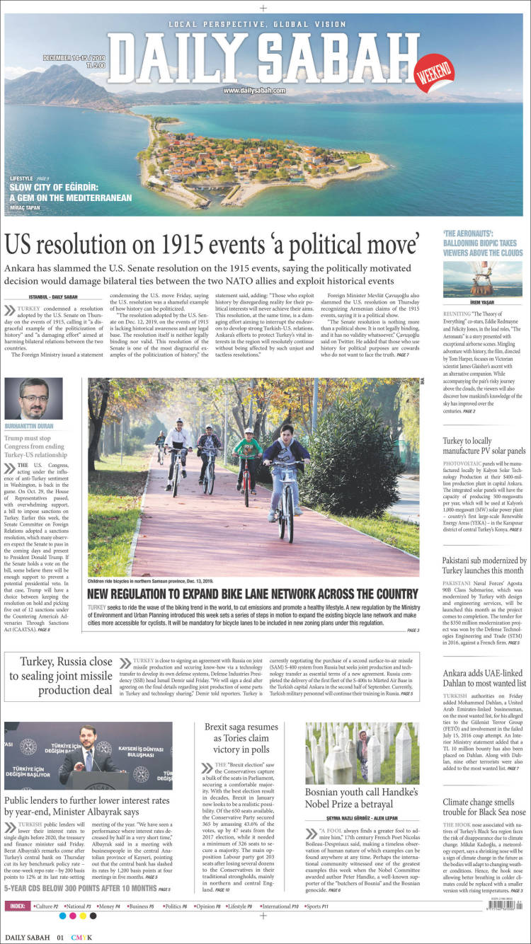 Portada de Daily Sabah (Turqu&iacute;a)