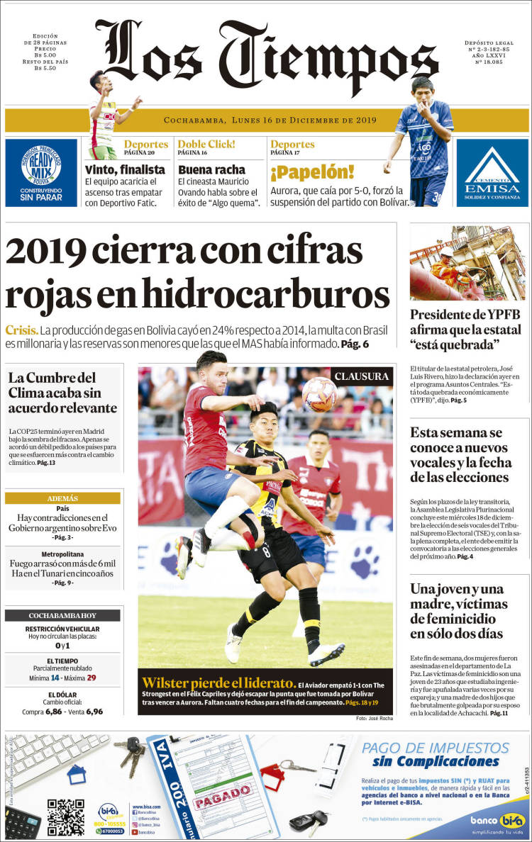 Portada de Los Tiempos (Bolivia)