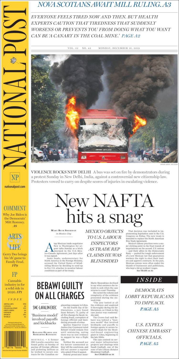 Portada de The National Post (Canadá)