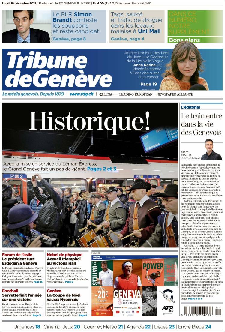 Portada de La Tribune de Genève (Suiza)