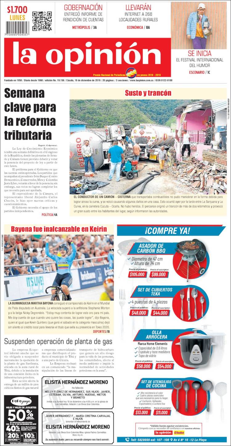 Portada de Diario La Opinion (Colombia)