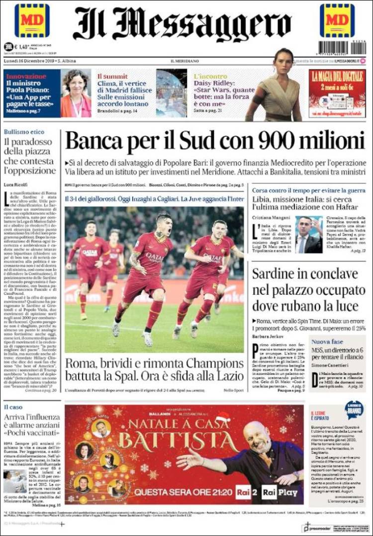 Portada de Il Messaggero (Italia)