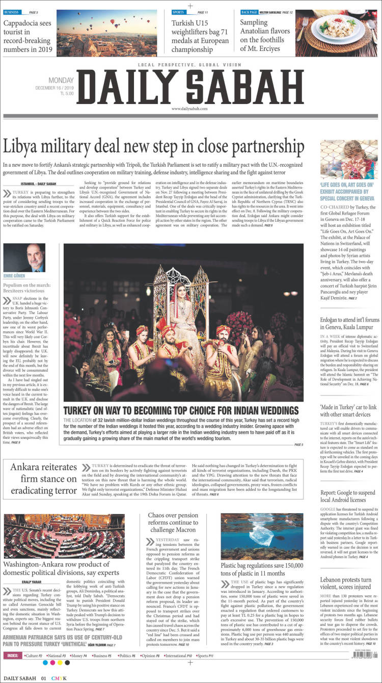 Portada de Daily Sabah (Turqu&iacute;a)