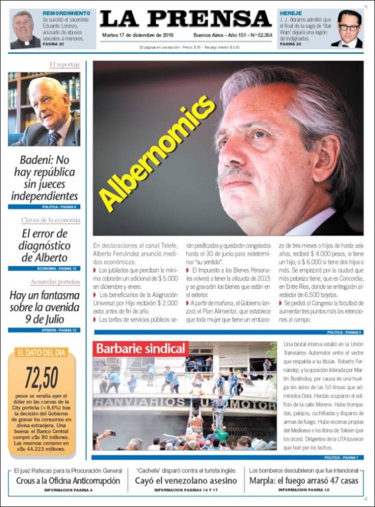 Portada de La Prensa (Argentina)