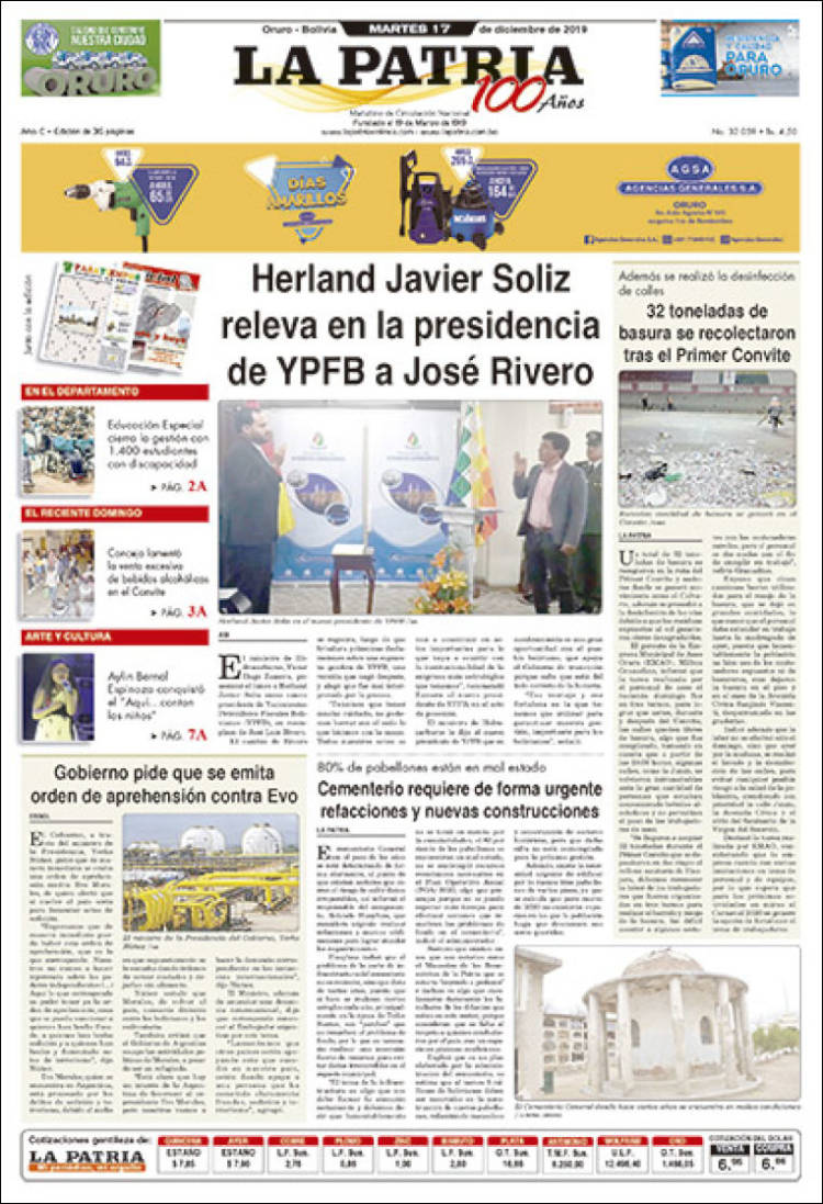 Portada de La Patria (Bolivia)