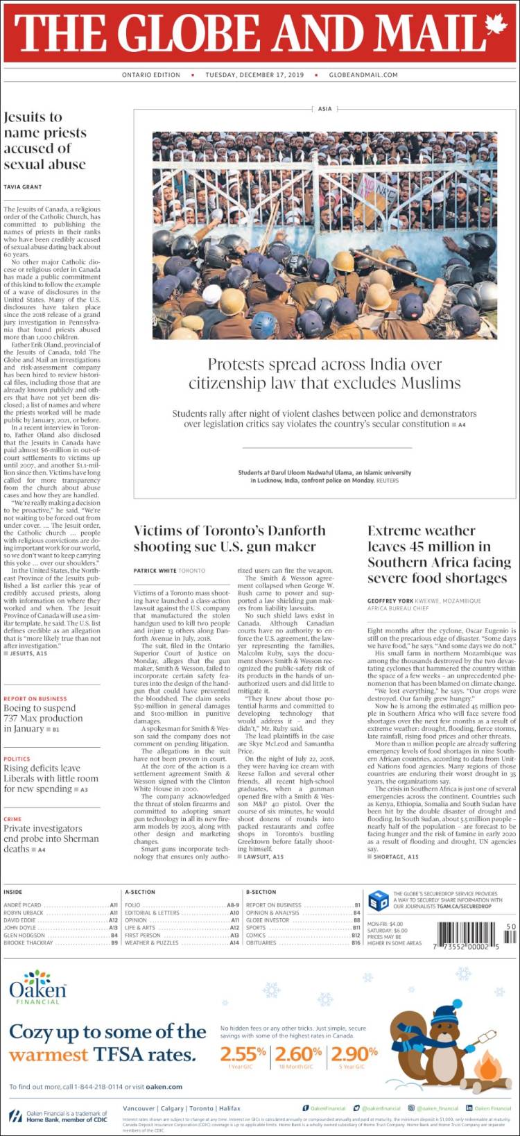 Portada de The Globe and Mail (Canadá)