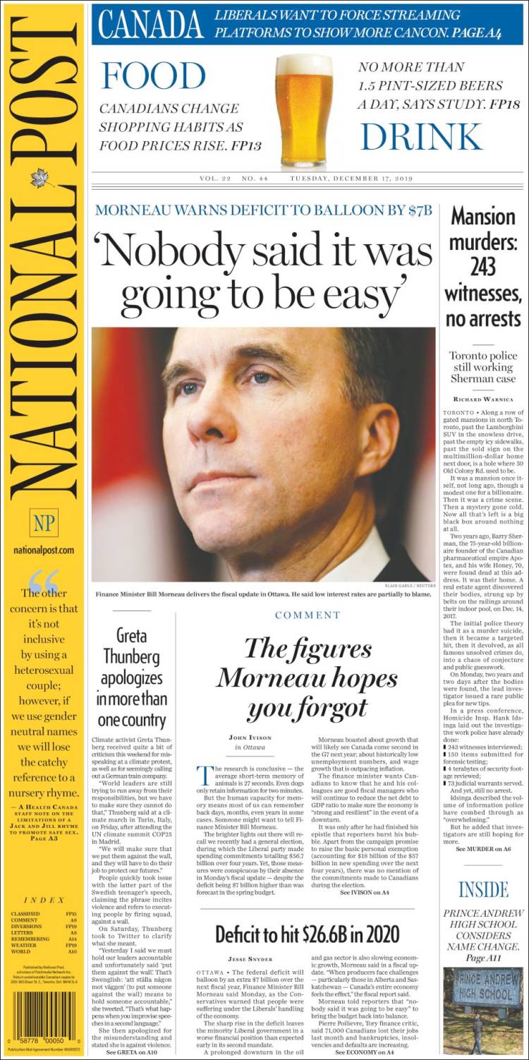 Portada de The National Post (Canadá)