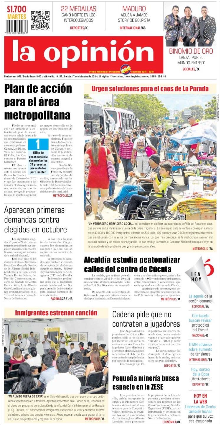 Portada de Diario La Opinion (Colombia)