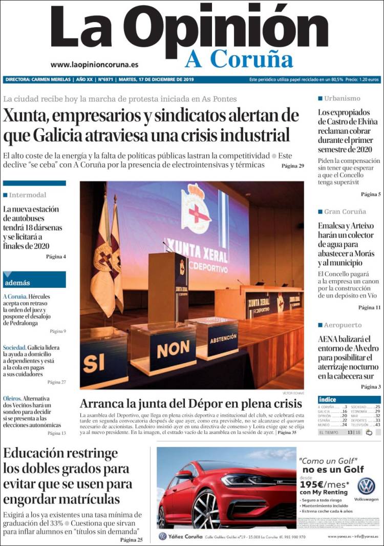 Portada de La Opinión de A Coruña (España)