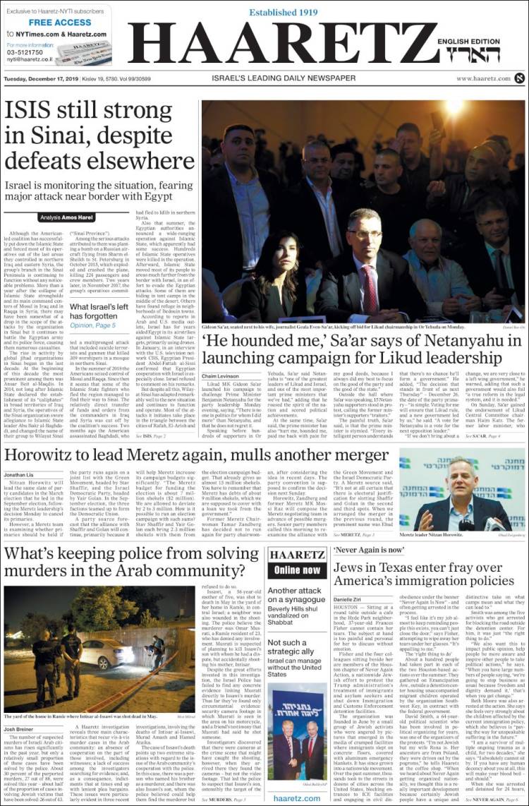 Portada de Haaretz (Israel)