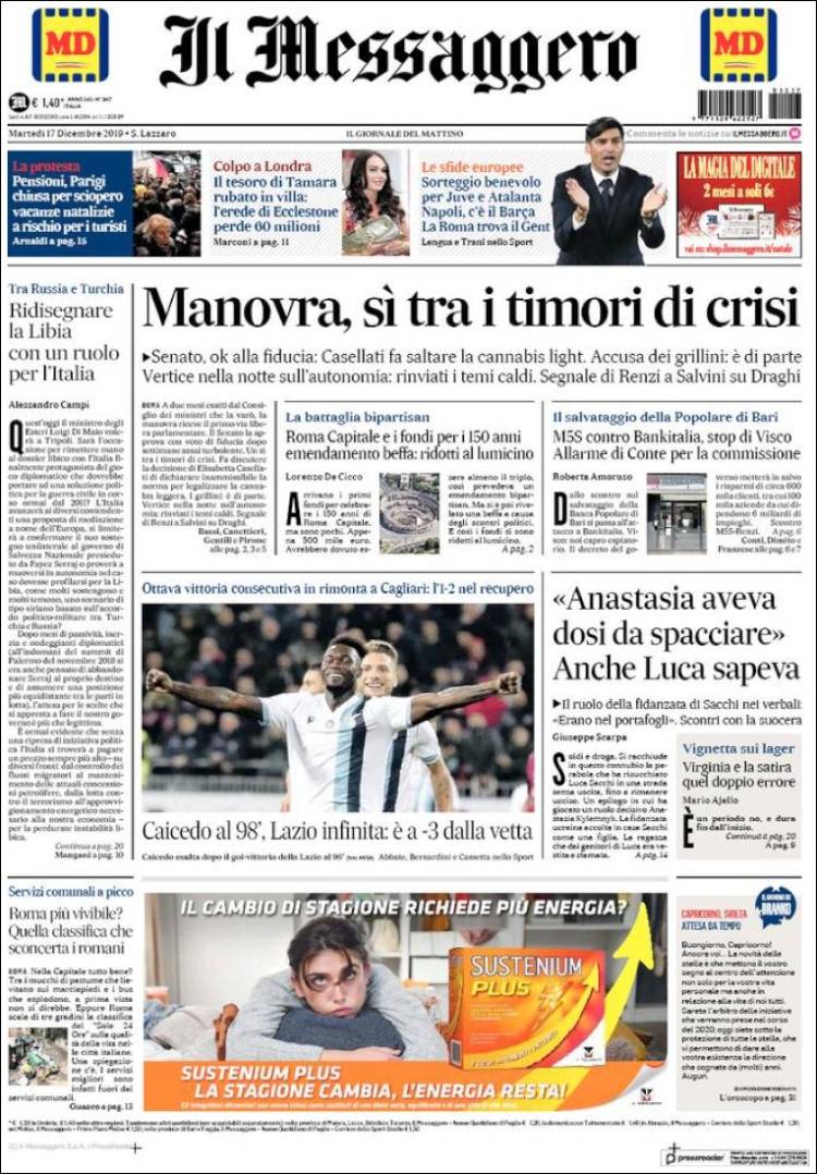 Portada de Il Messaggero (Italia)