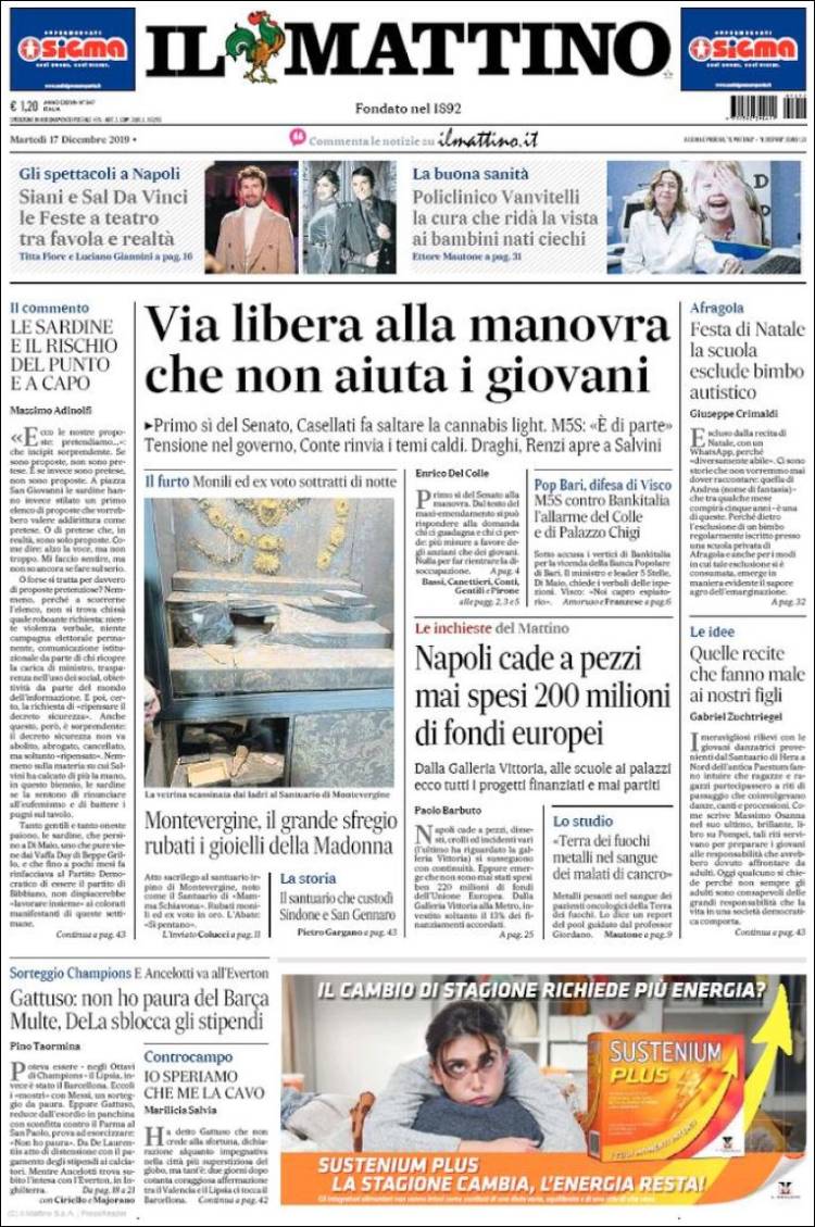 Portada de Il Mattino (Italia)