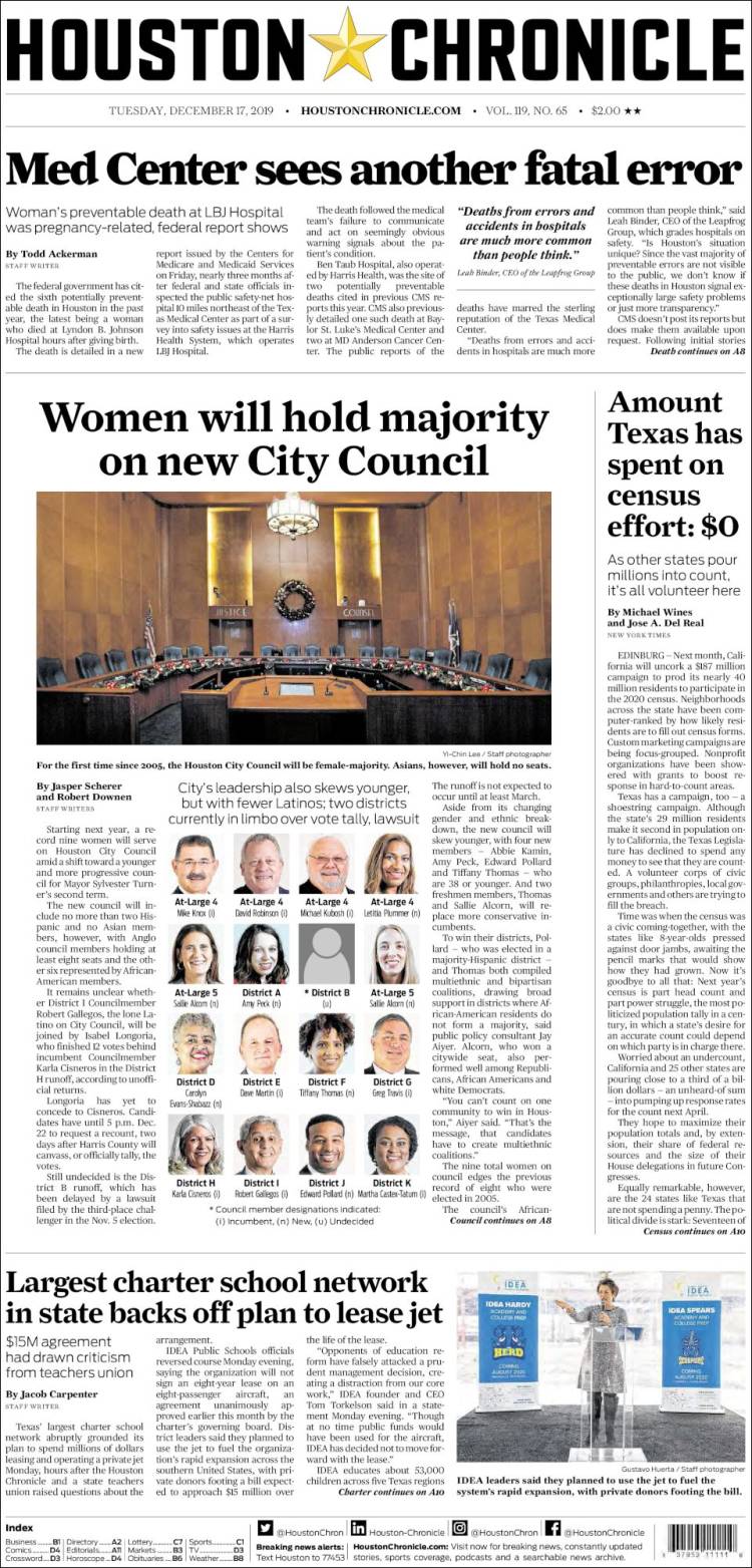 Portada de Houston Chronicle (USA)