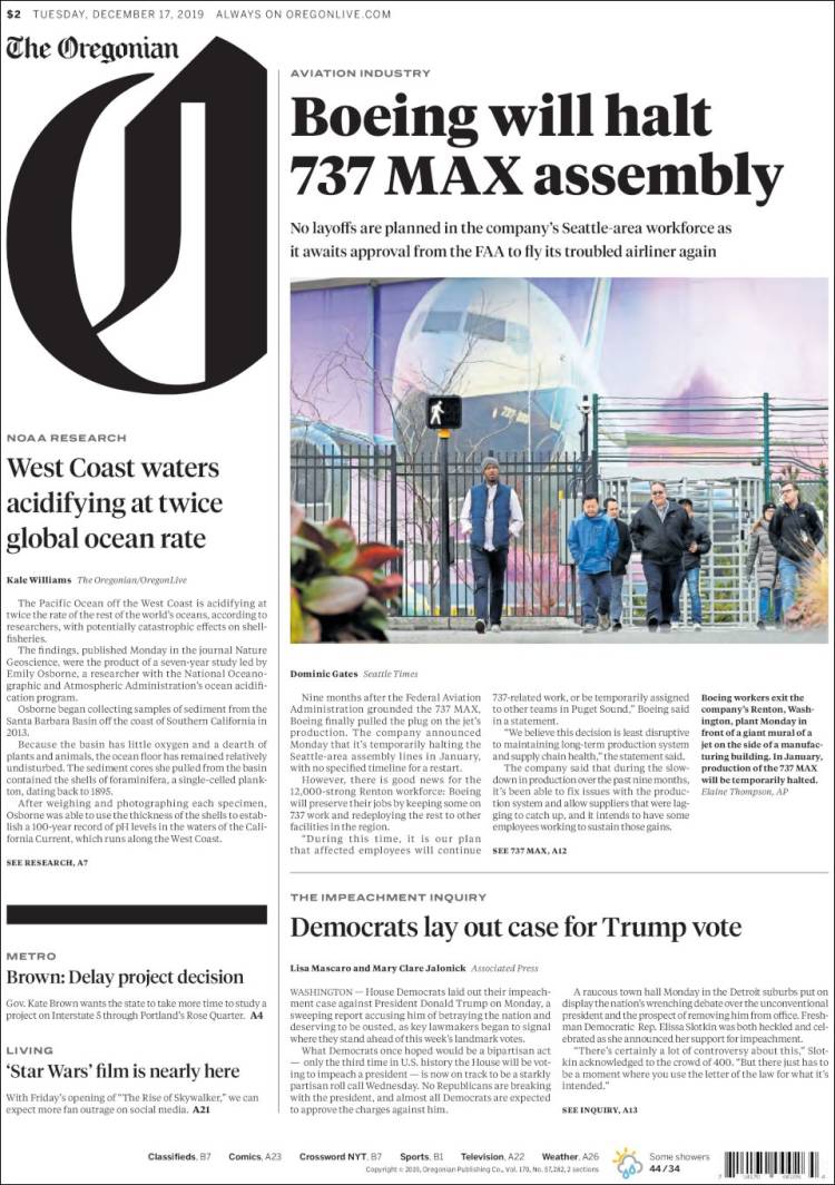 Portada de The Oregonian (USA)