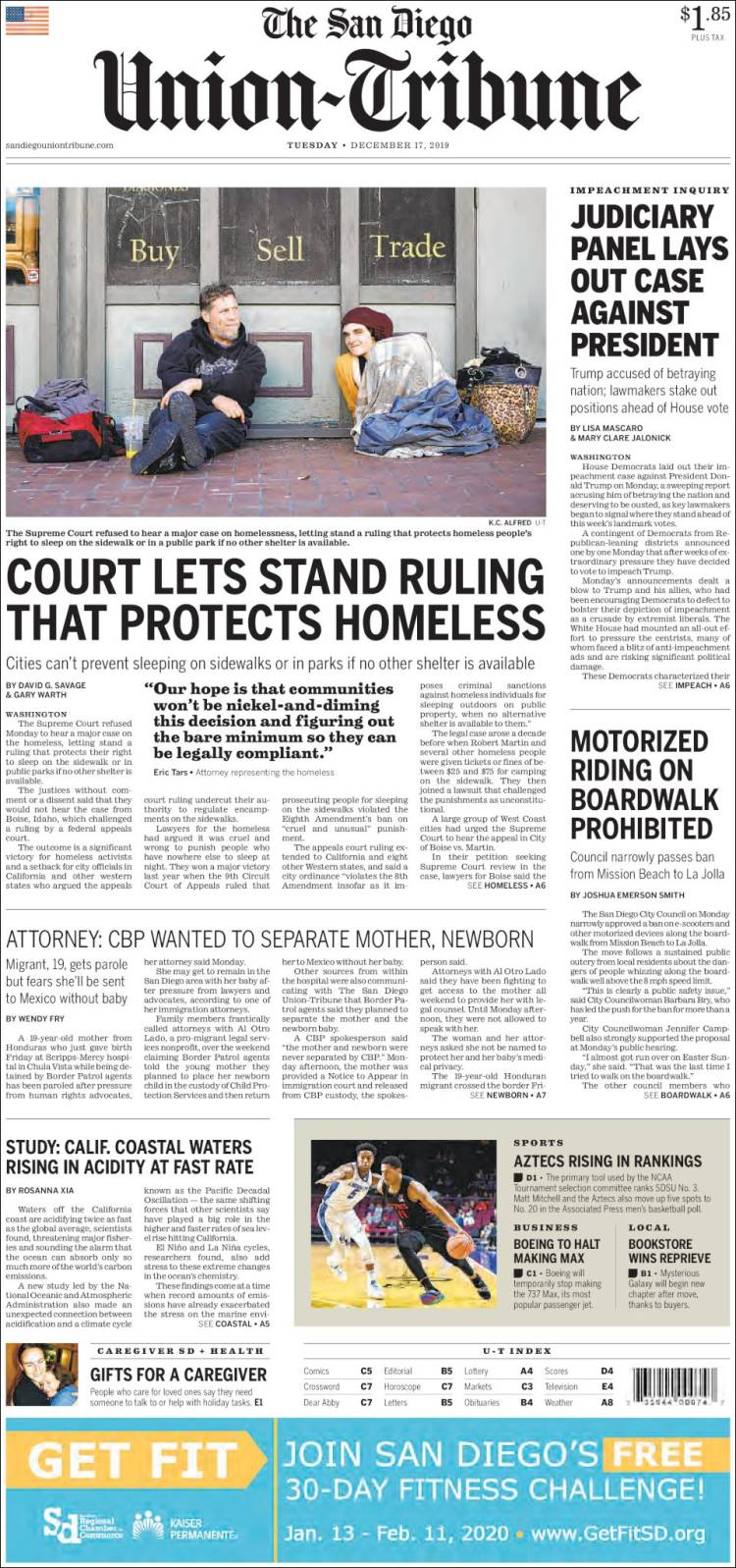 Portada de The San Diego Union-Tribune (USA)