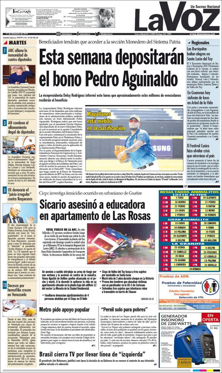 Portada de Diario La Voz (Venezuela)