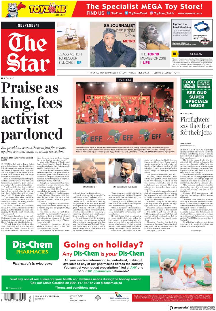 Portada de The Star (Sud&aacute;frica)