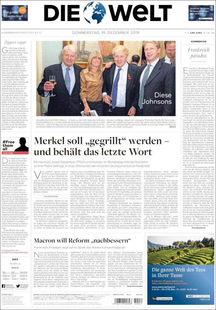 Portada de Die Welt (Alemania)
