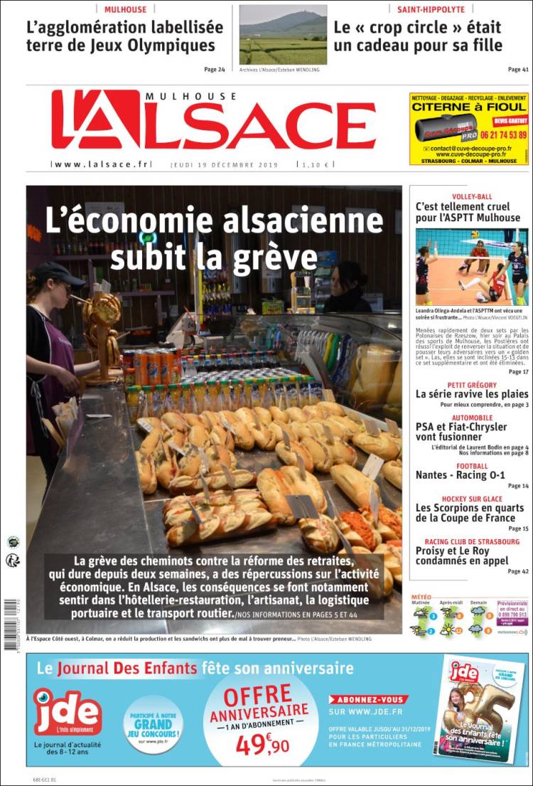 Portada de Journal L'Alsace (Francia)
