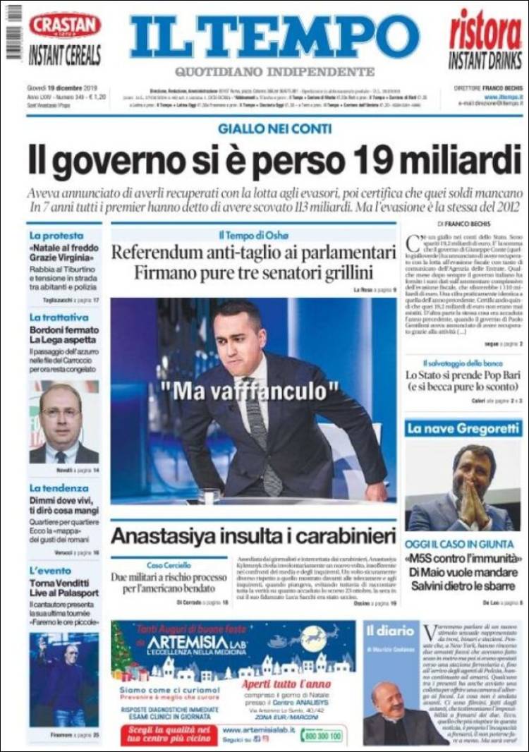 Portada de Il Tempo (Italia)