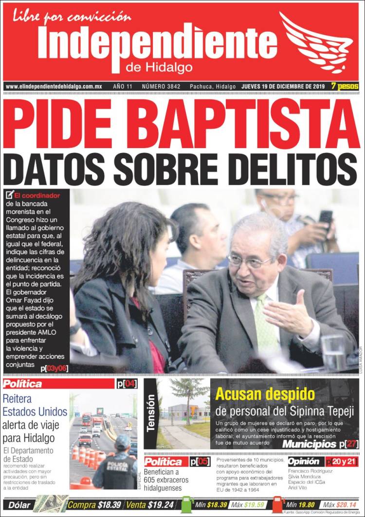 Portada de El Independiente de Hidalgo (M&eacute;xico)