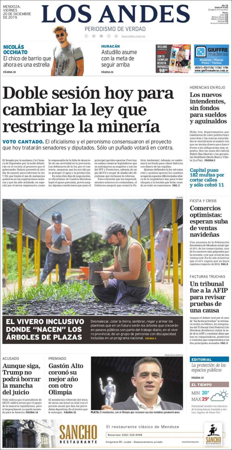 Portada de Los Andes - Mendoza (Argentina)