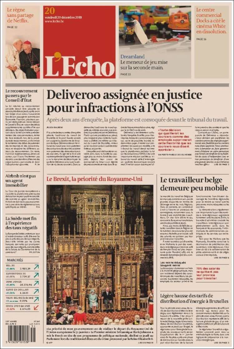 Portada de L'Echo (B&eacute;lgica)