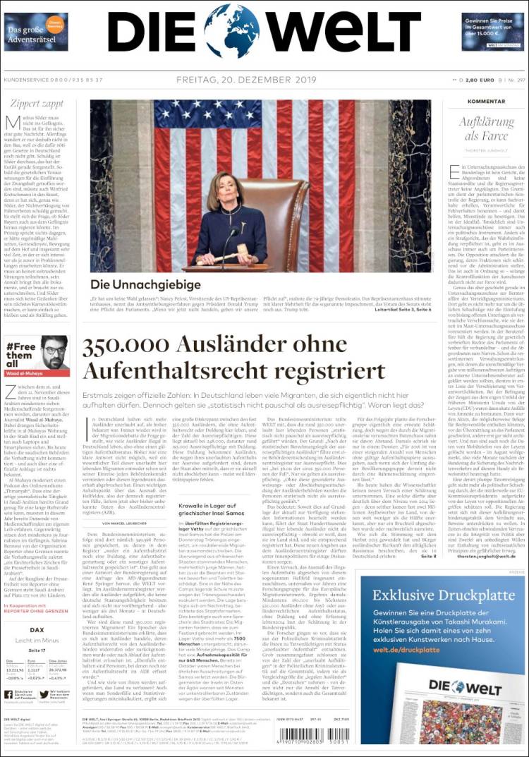 Portada de Die Welt (Alemania)