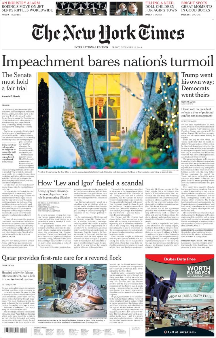 Portada de International New York Times (Europa)