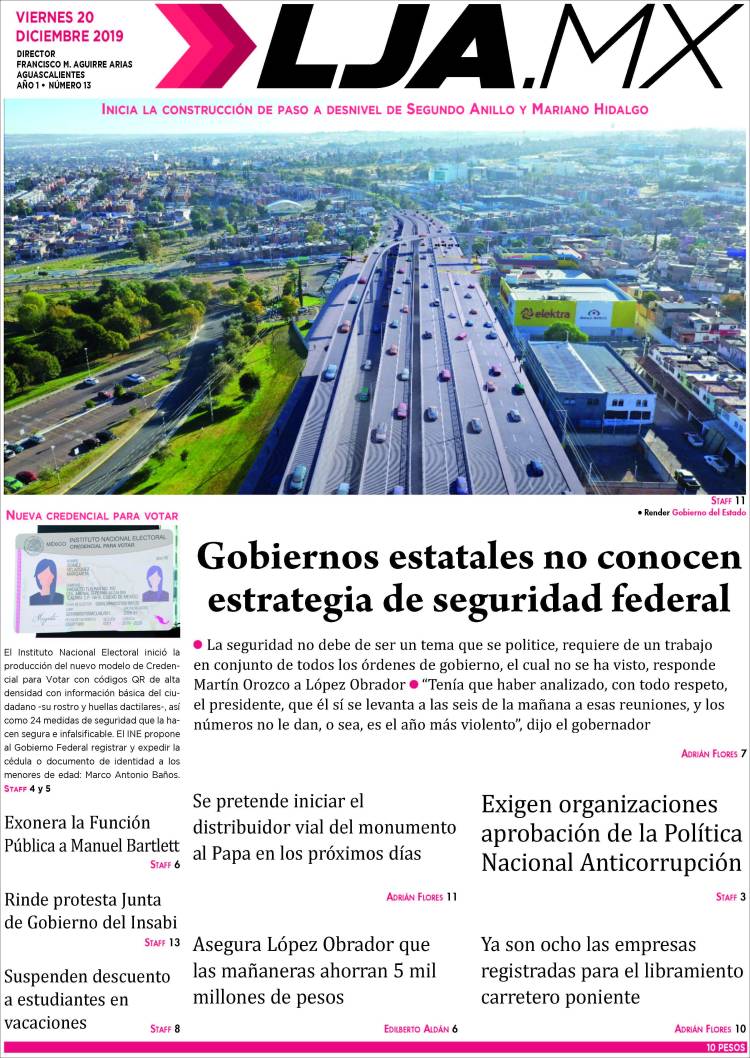 Portada de La Jornada de Aguascalientes (M&eacute;xico)