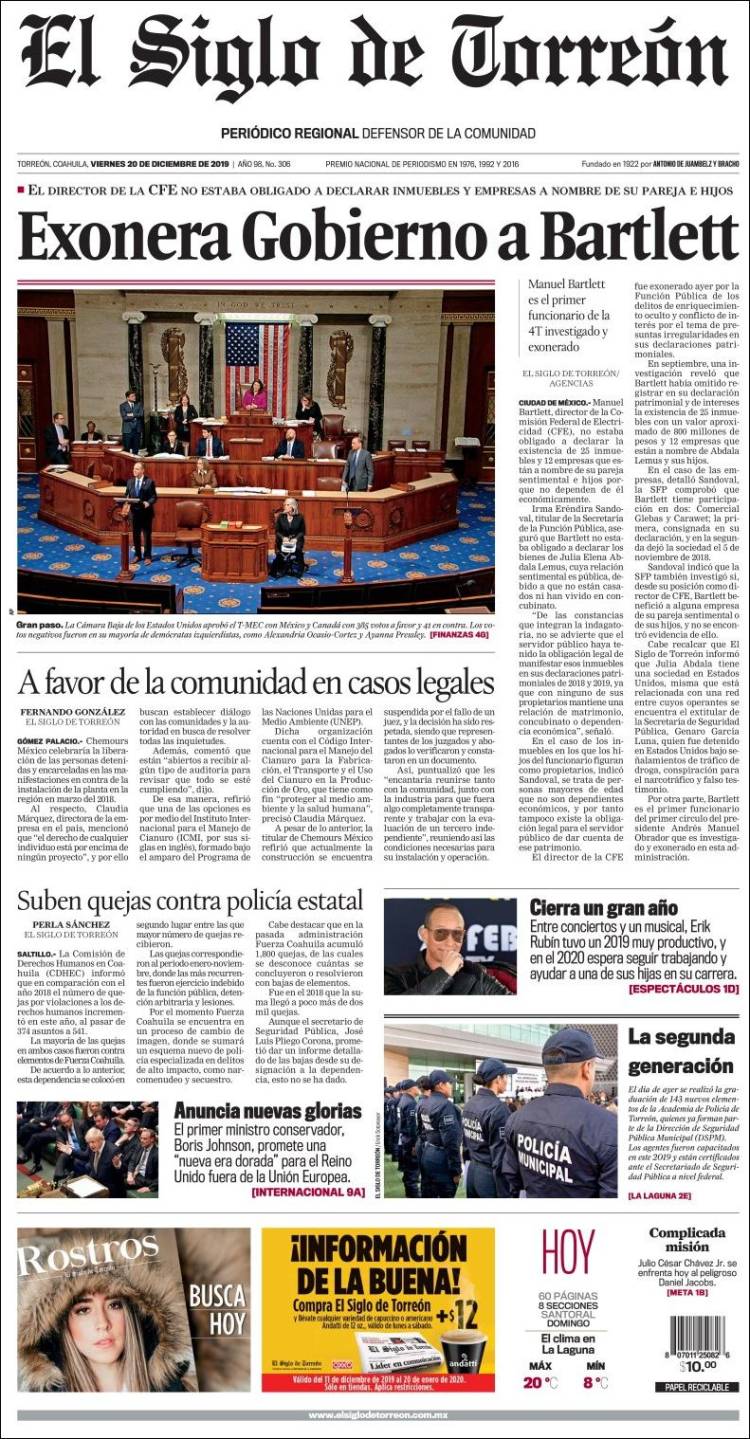 Portada de El Siglo de Torreon (M&eacute;xico)