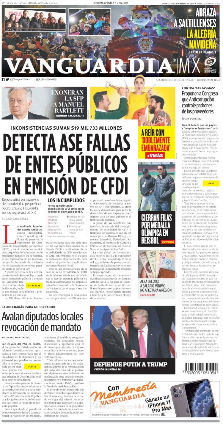 Portada de Vanguardia (M&eacute;xico)