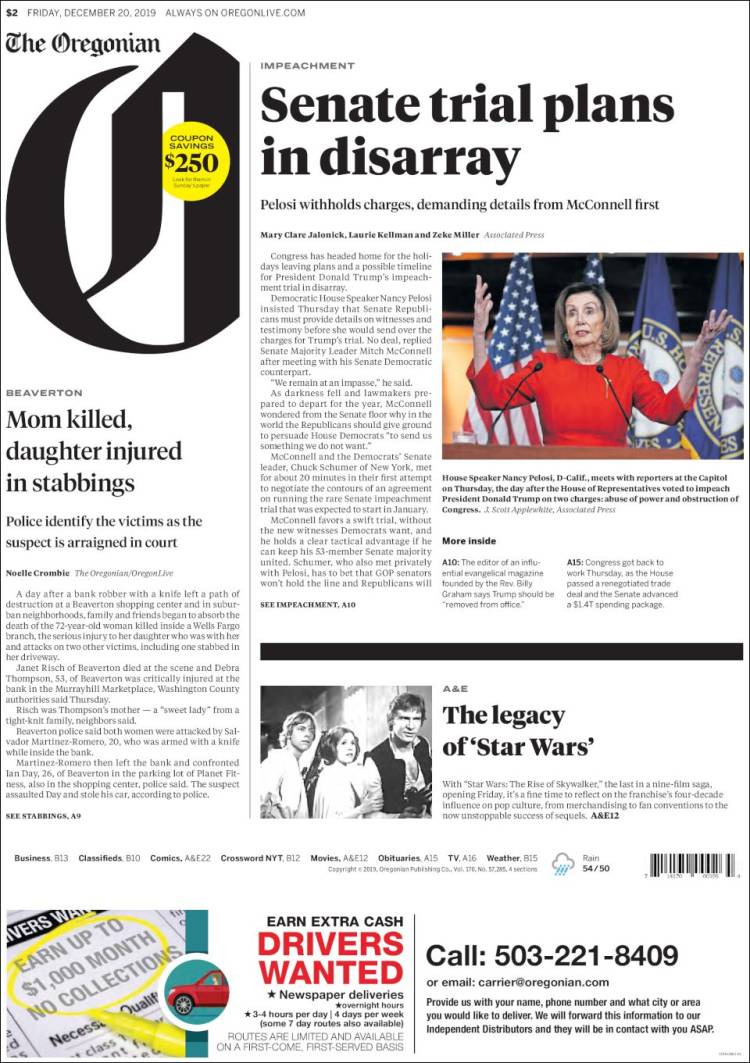 Portada de The Oregonian (USA)