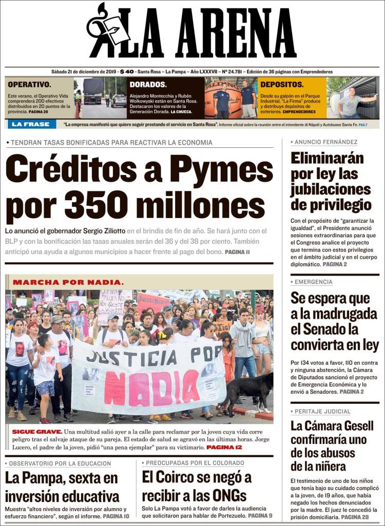 Portada de Diario La Arena (Argentina)