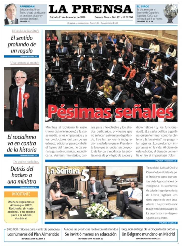 Portada de La Prensa (Argentina)