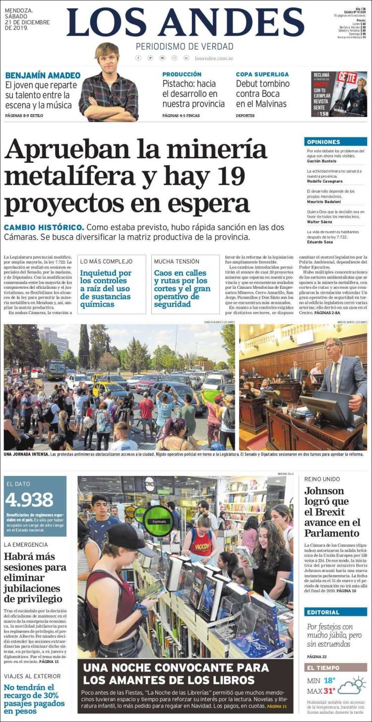 Portada de Los Andes - Mendoza (Argentina)