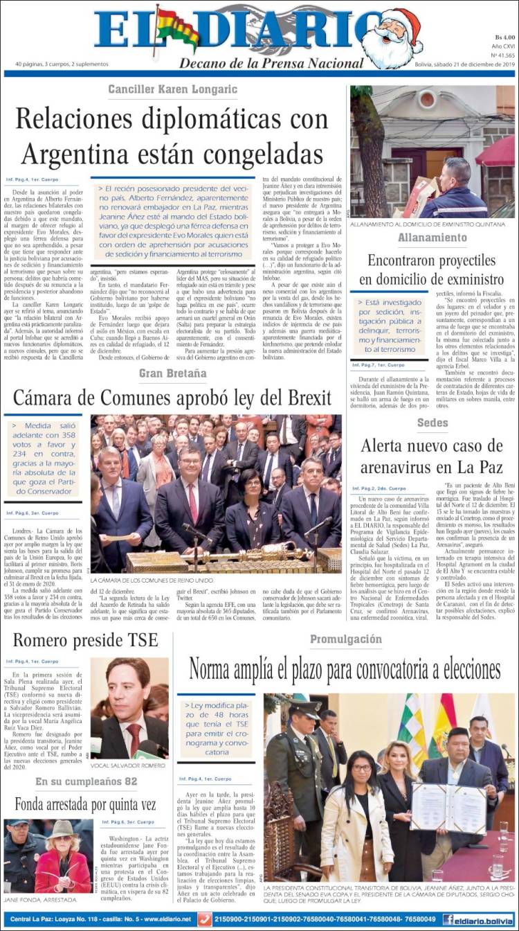 Portada de El Diario (Bolivia)