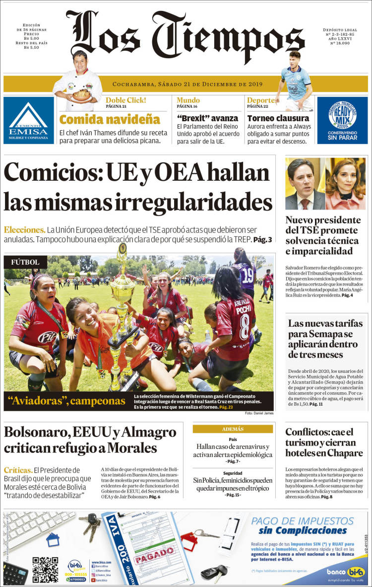 Portada de Los Tiempos (Bolivia)